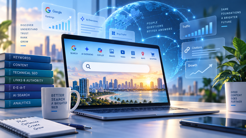 SEO workspace with a laptop, search analytics and a connected digital globe